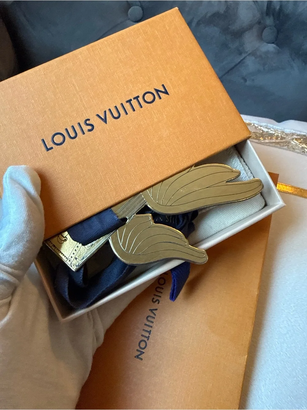 Louis Vuitton Navy Leather Bracelet with Silver-Tone Clasp